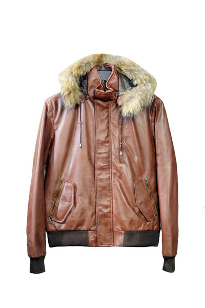 Beautiful Unisex Hoodie Style Leather Jacket with Faux Fur on Hoodie Cap