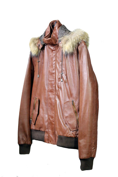 Beautiful Unisex Hoodie Style Leather Jacket with Faux Fur on Hoodie Cap