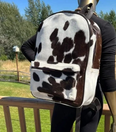 Brown and White Cowhide Leather Backpack Bag